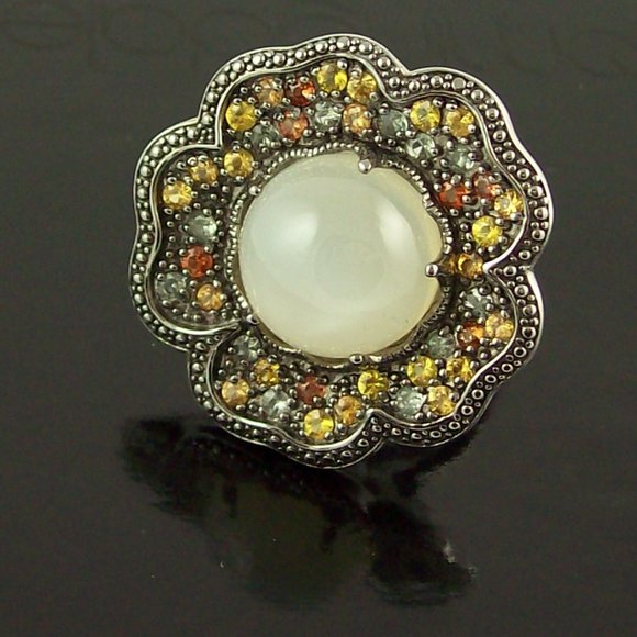 Sima K Moonstone and Sapphire Sterling Flower Ring - Picture 7 of 9